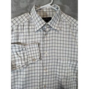 Ermenegildo Zegna Shirt Plaid Button Down Mens Large Made In Italy White Blue